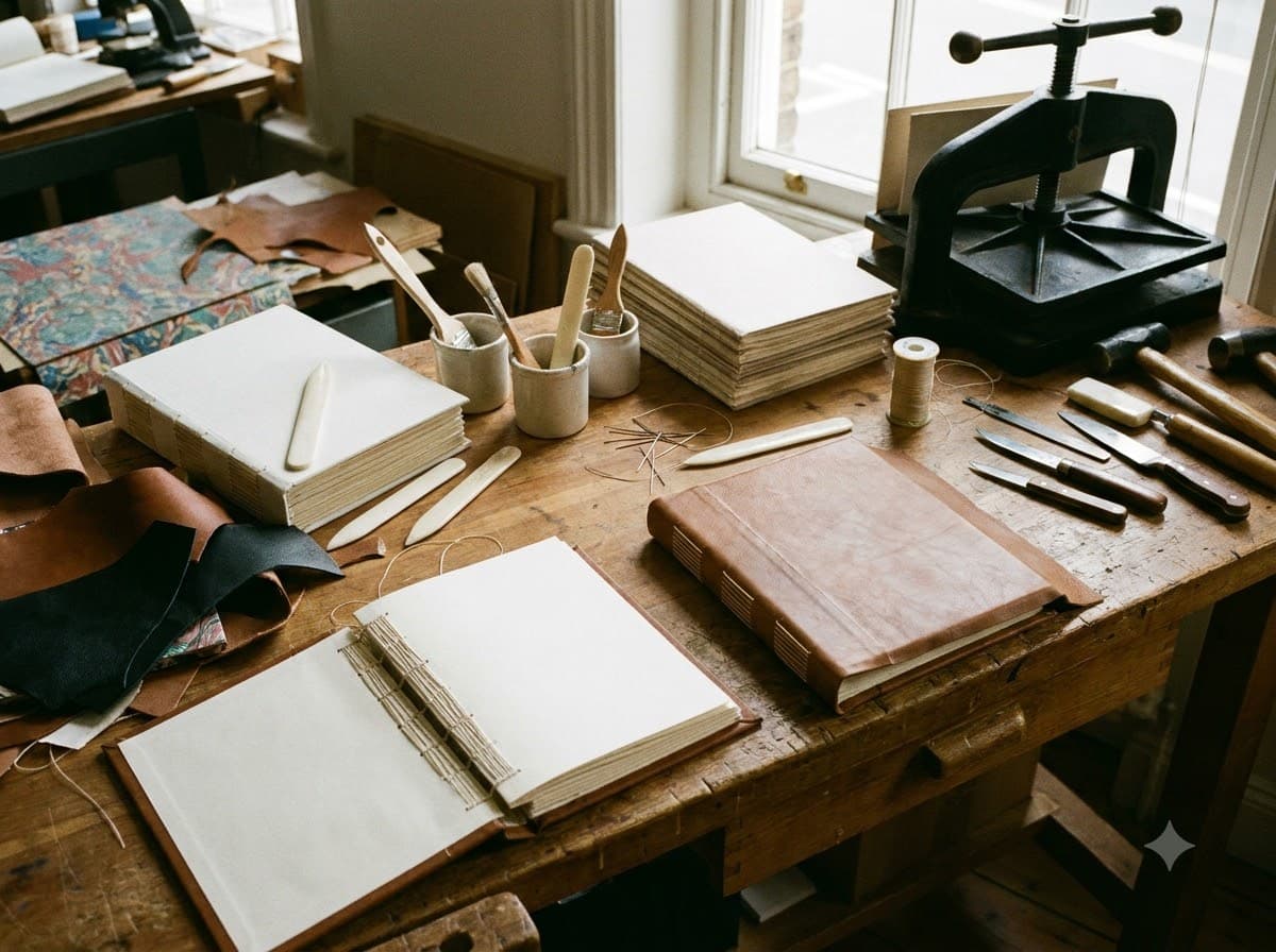 The binding and finishing bench, part-assembled albums and hand tools