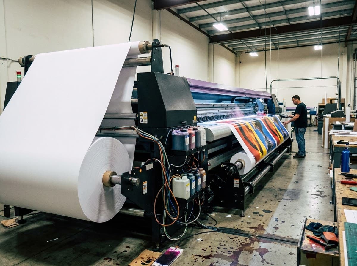 The print floor, with the wide-format roll printer mid-run