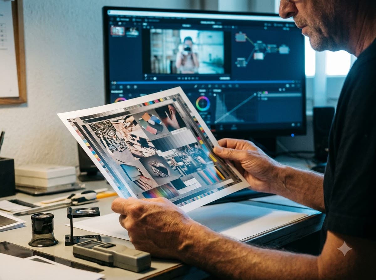 A technician checking a printed proof against the reference monitor