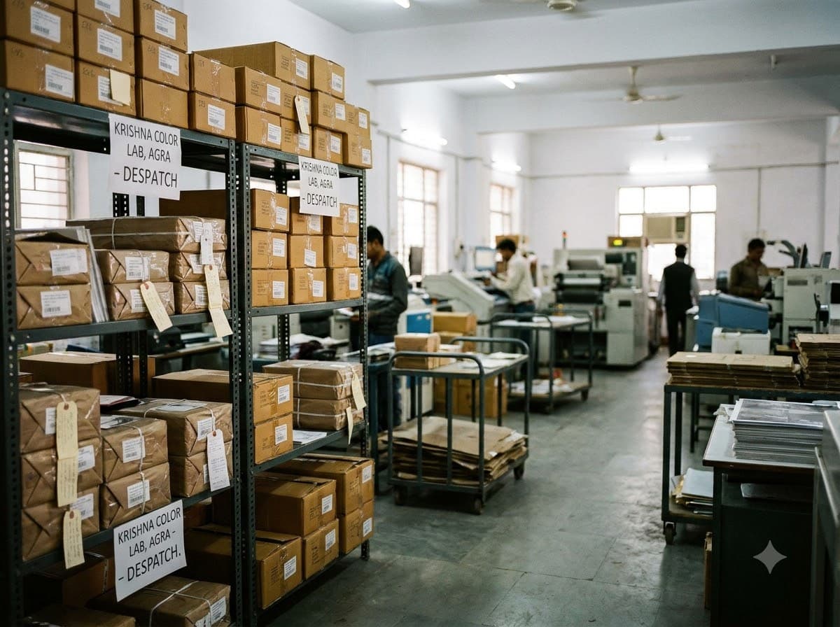 The Krishna Color Lab production floor in Agra, finished orders racked for despatch