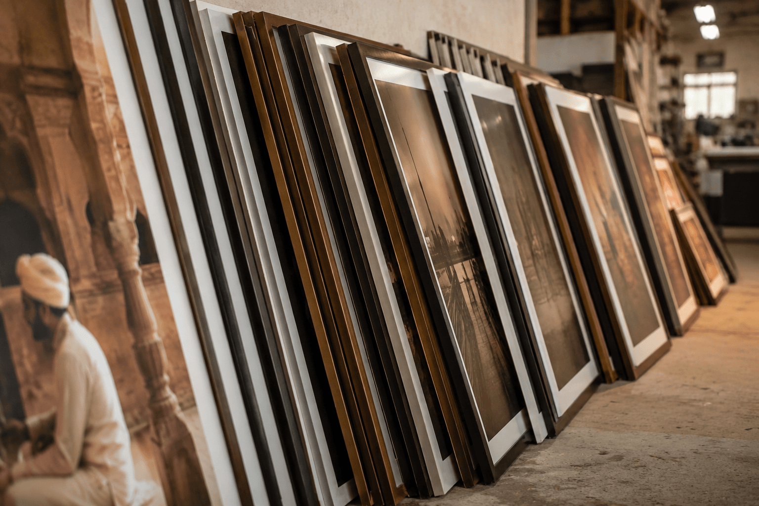 A row of framed panels racked against a workshop wall