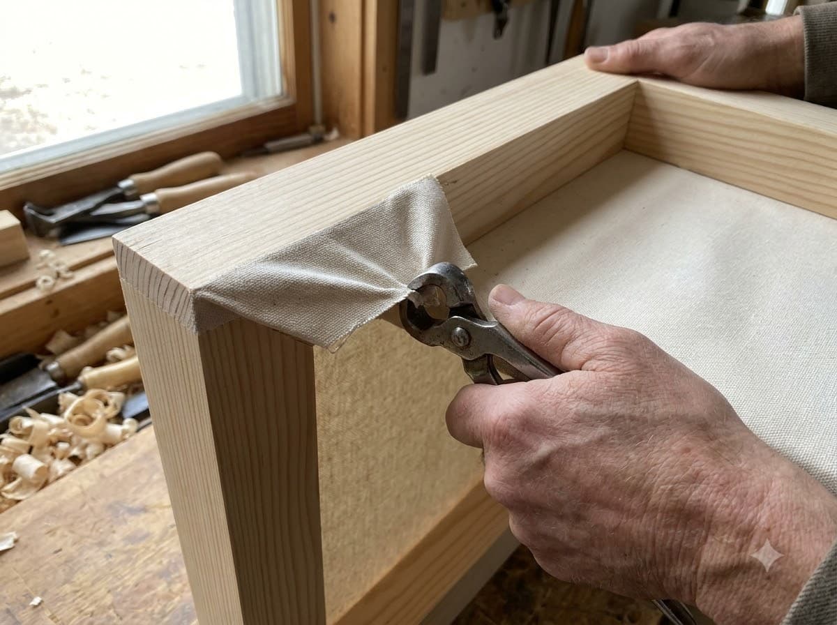 Canvas being stretched over a timber frame