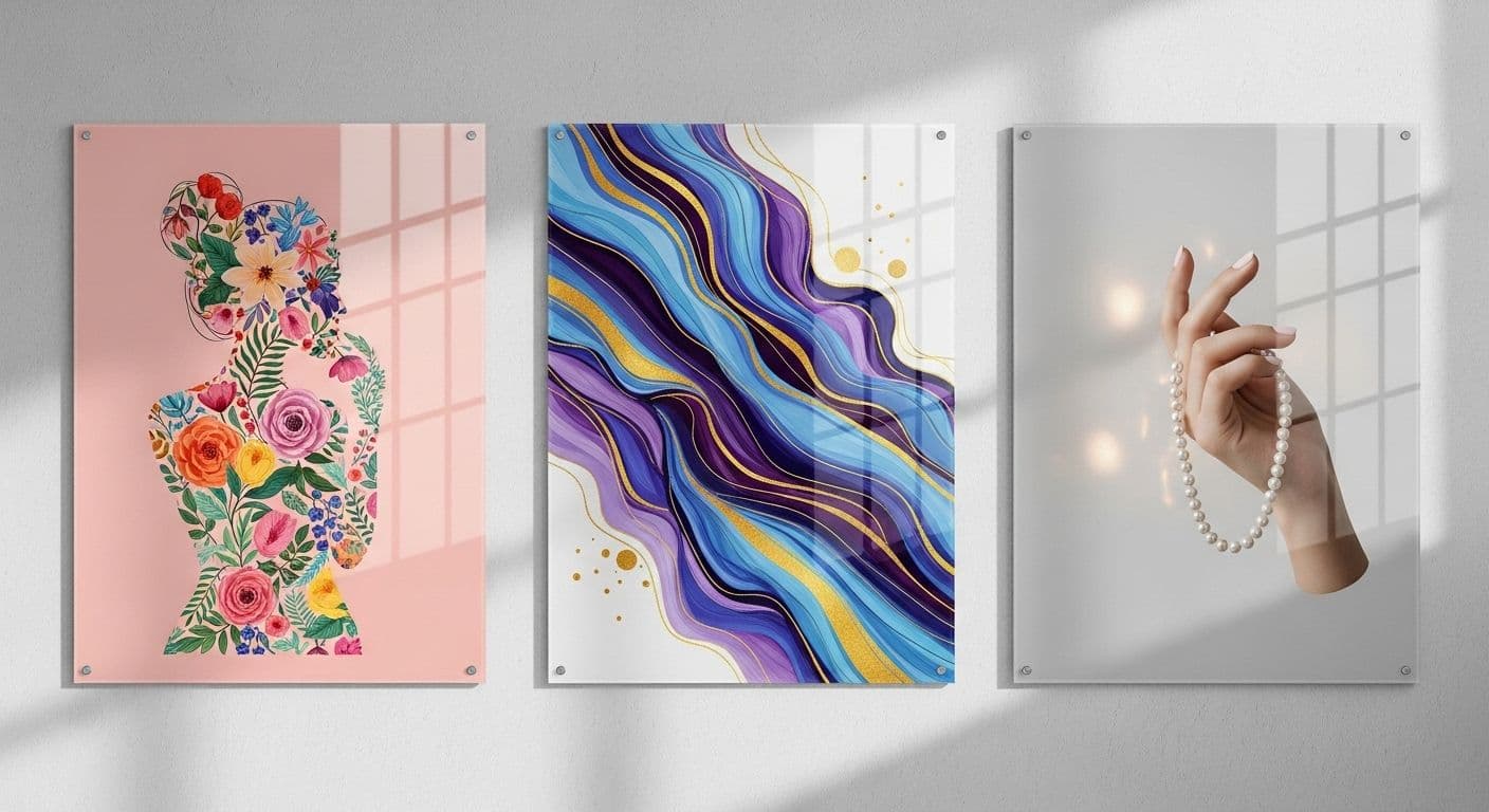 Three acrylic panels float-mounted on standoffs against a white wall