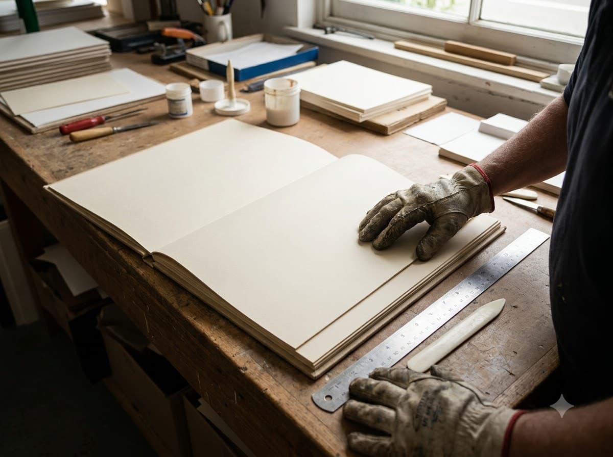 Album pages being mounted flat on the finishing bench