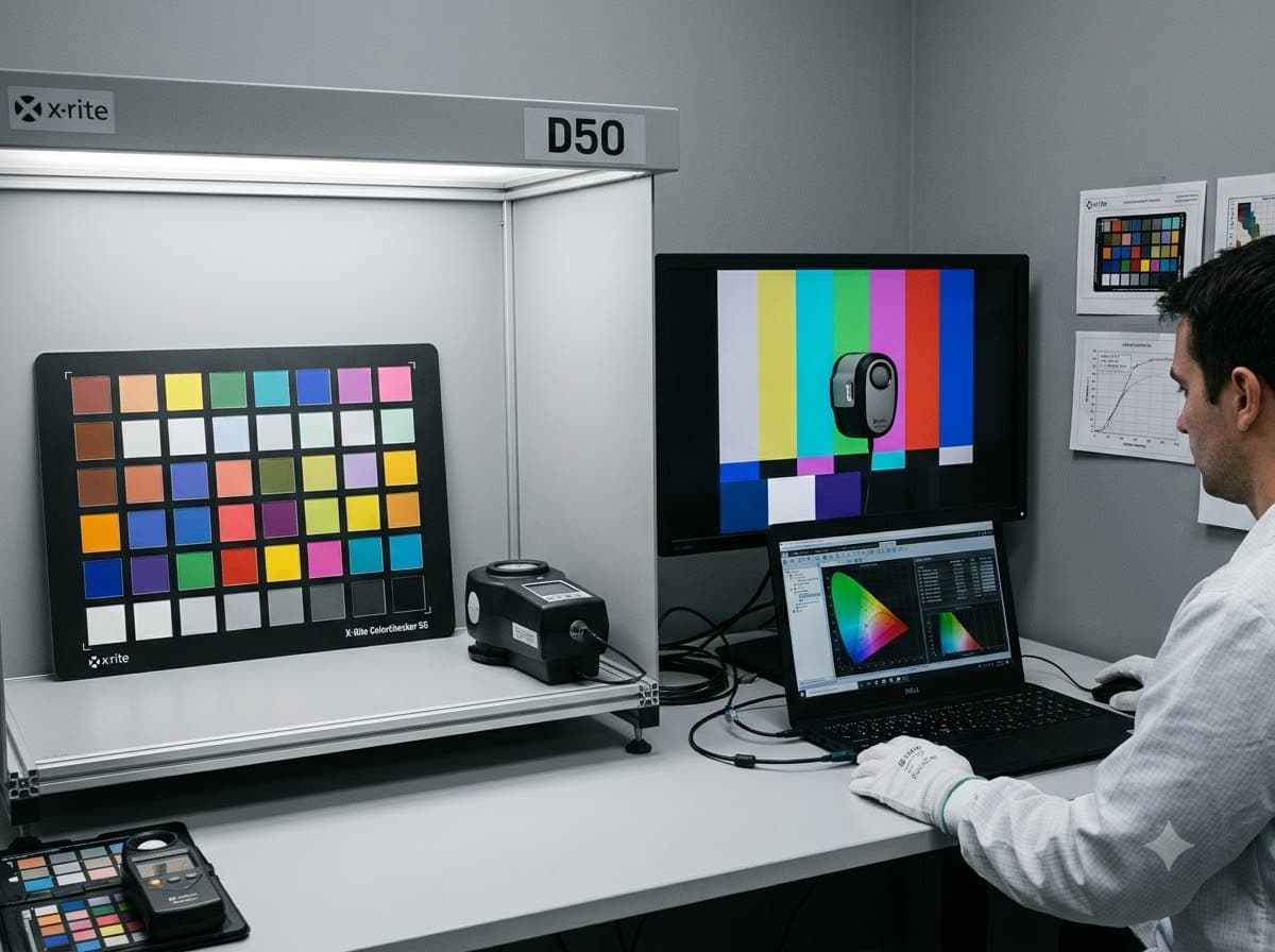 A colour target being checked against the reference monitor