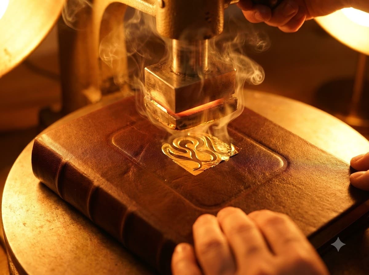 Foil being blocked into a cover monogram on the press