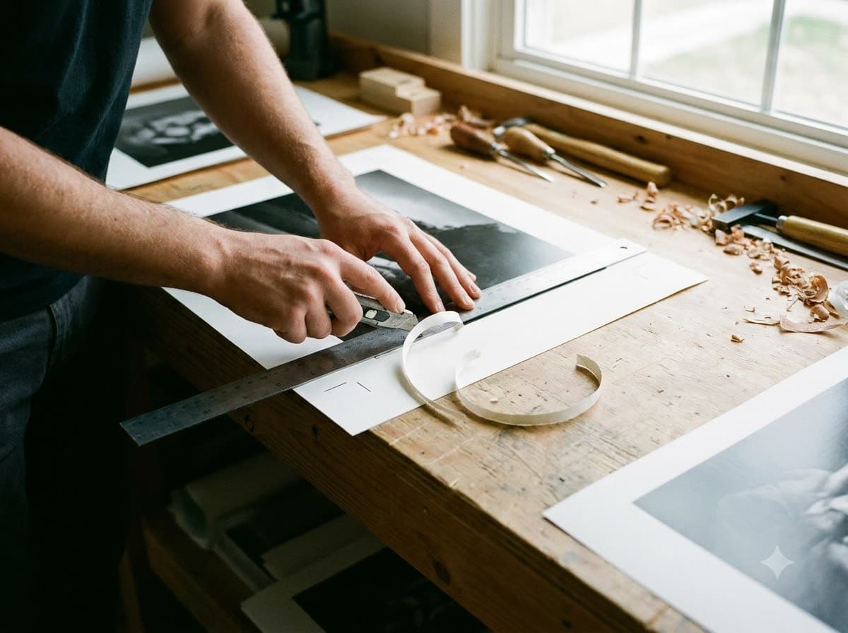 A print being trimmed square to the mark at the bench