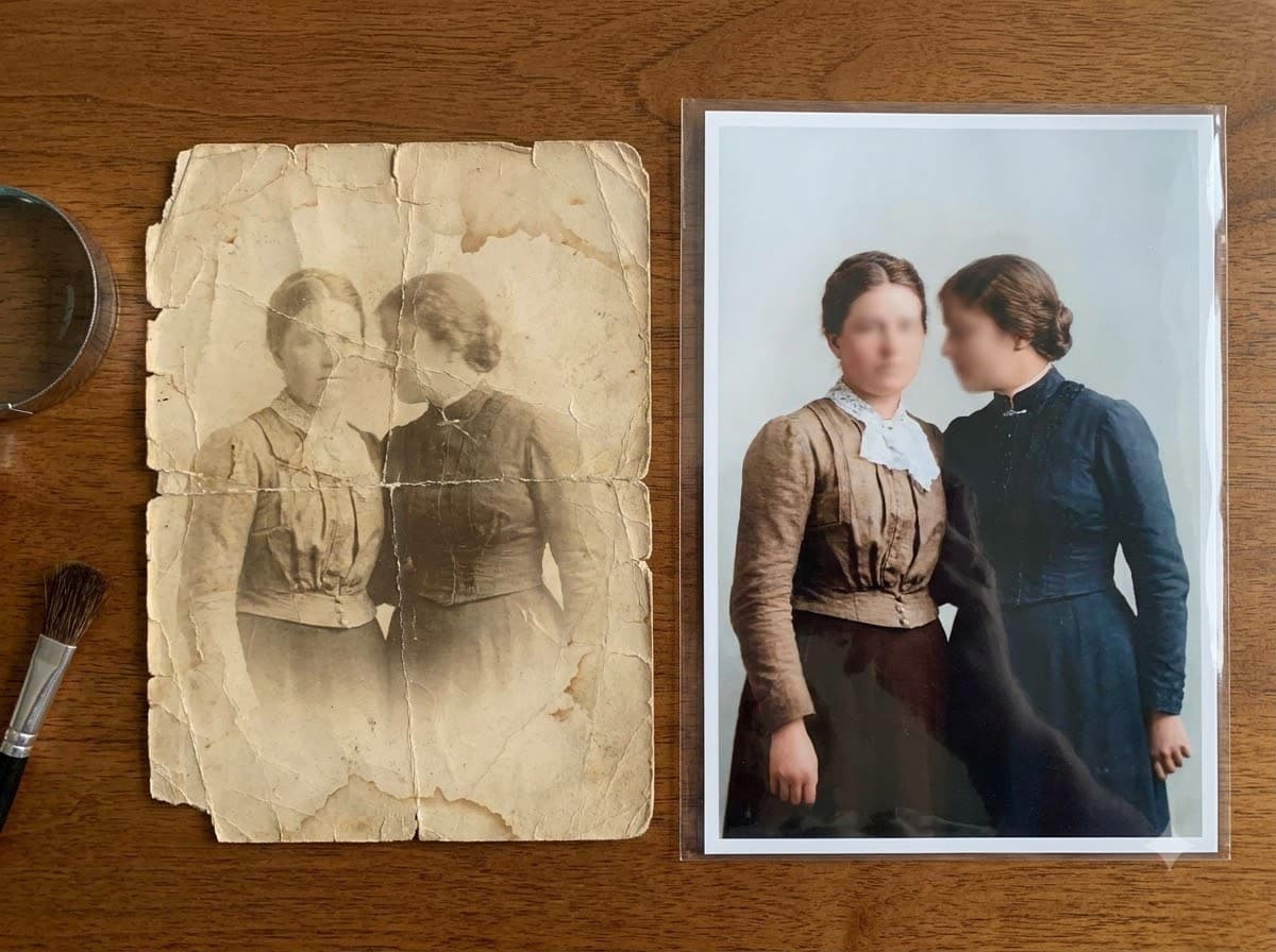 A damaged vintage photograph beside its restored reprint